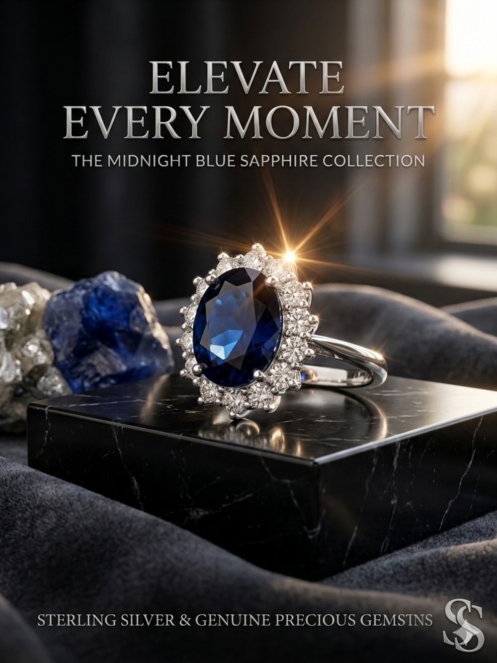 Midnight Blue Sapphire Halo Ring in Sterling Silver